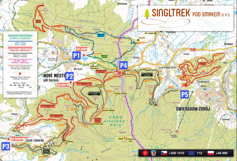 Singltrek pod Smrkem - mapa 2016 parkingi